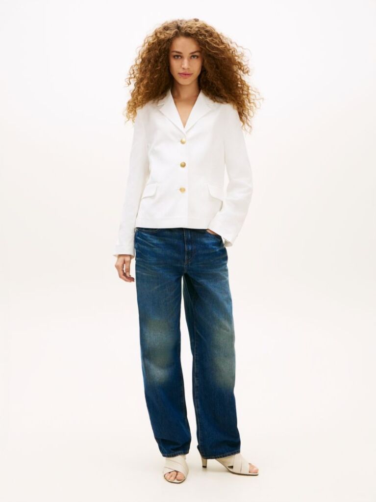 White Slim Fit Gold-Tone Button Linen Blend Blazer  Women
