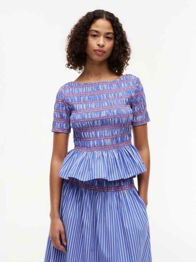 Multi Smock Stripe Ruffle Boat Neck Top  Women