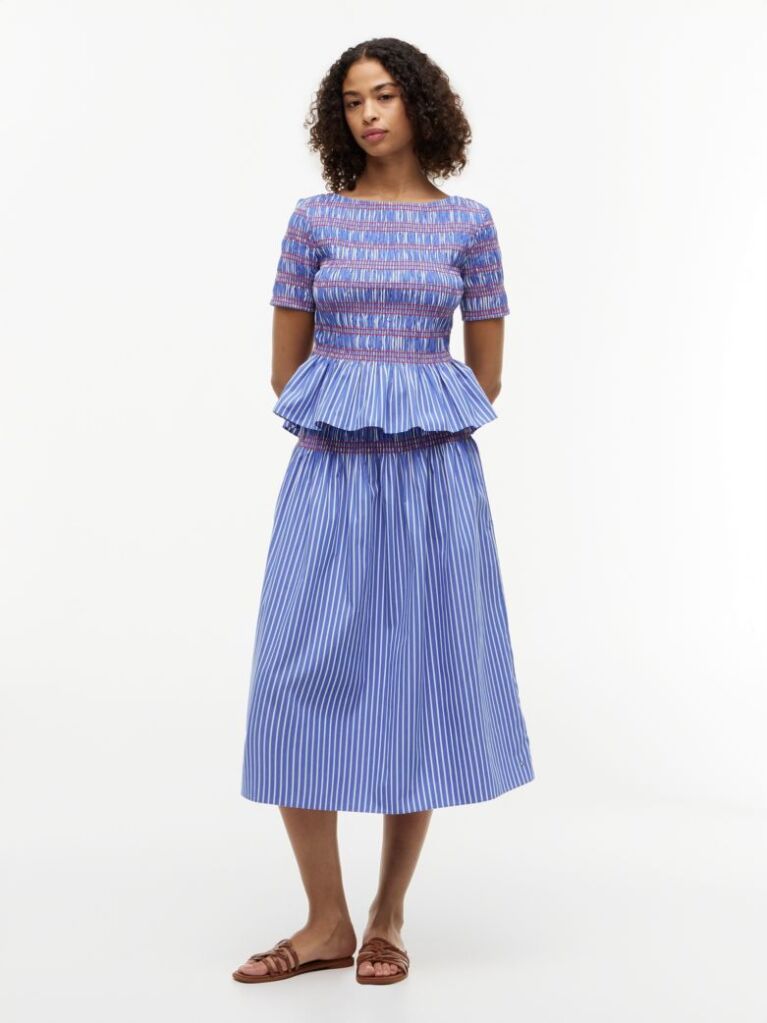Multi Smock Stripe Ruffle Boat Neck Top  Women