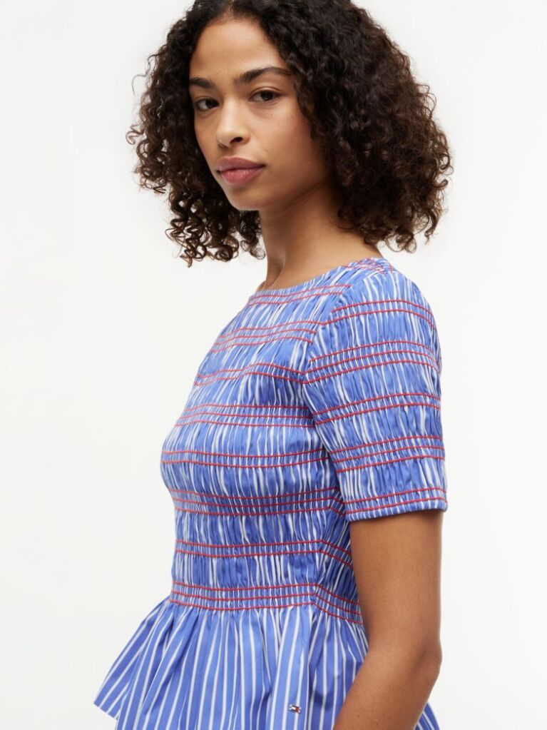 Multi Smock Stripe Ruffle Boat Neck Top  Women