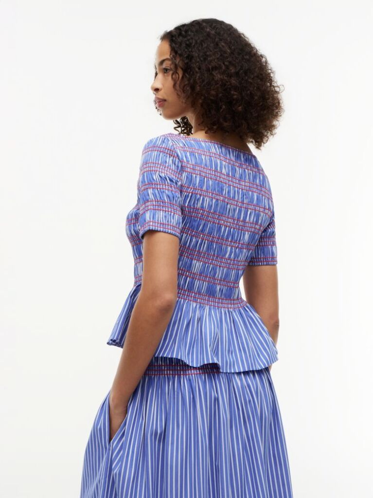 Multi Smock Stripe Ruffle Boat Neck Top  Women