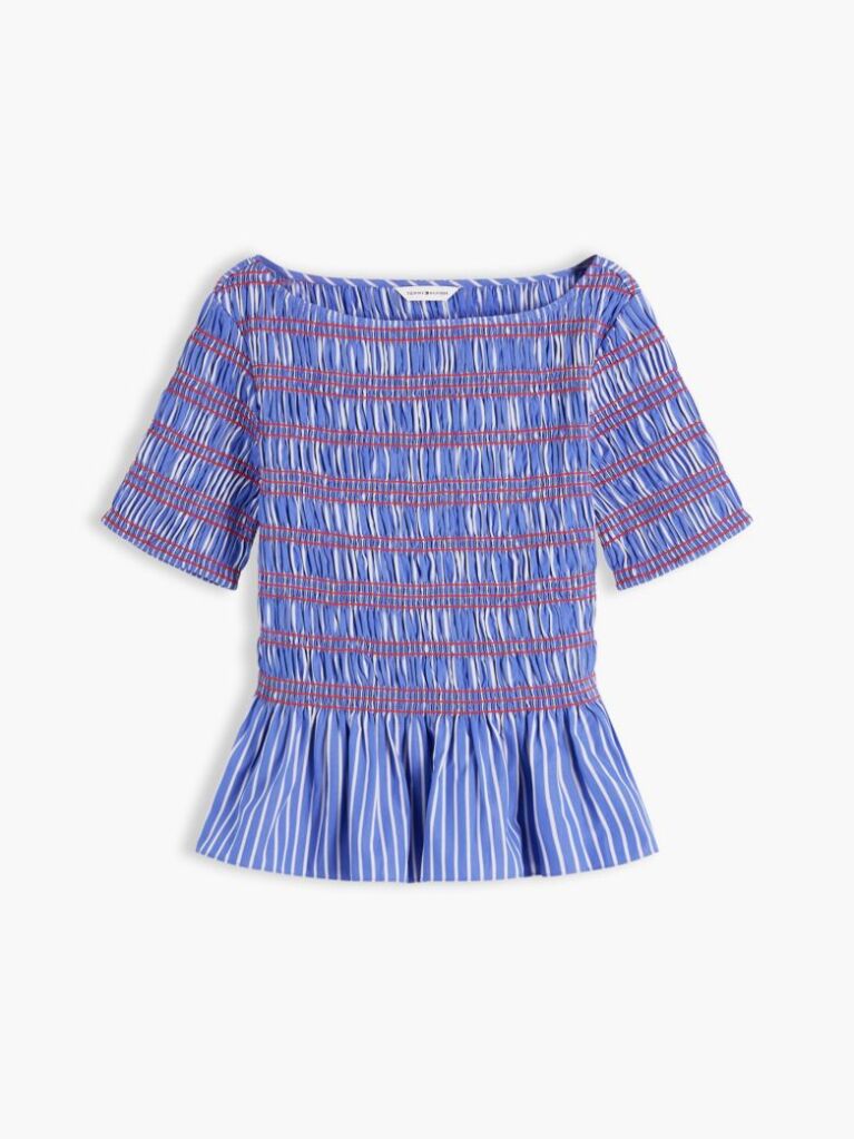 Multi Smock Stripe Ruffle Boat Neck Top  Women