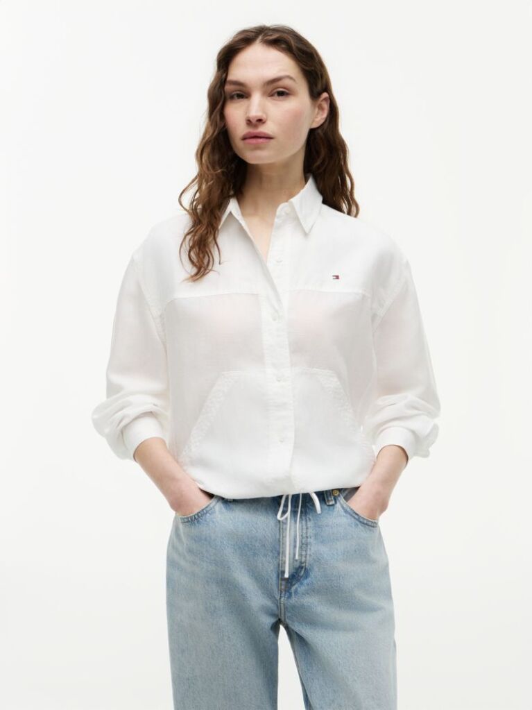 White Relaxed Fit Drawstring Shirt With Linen  Women