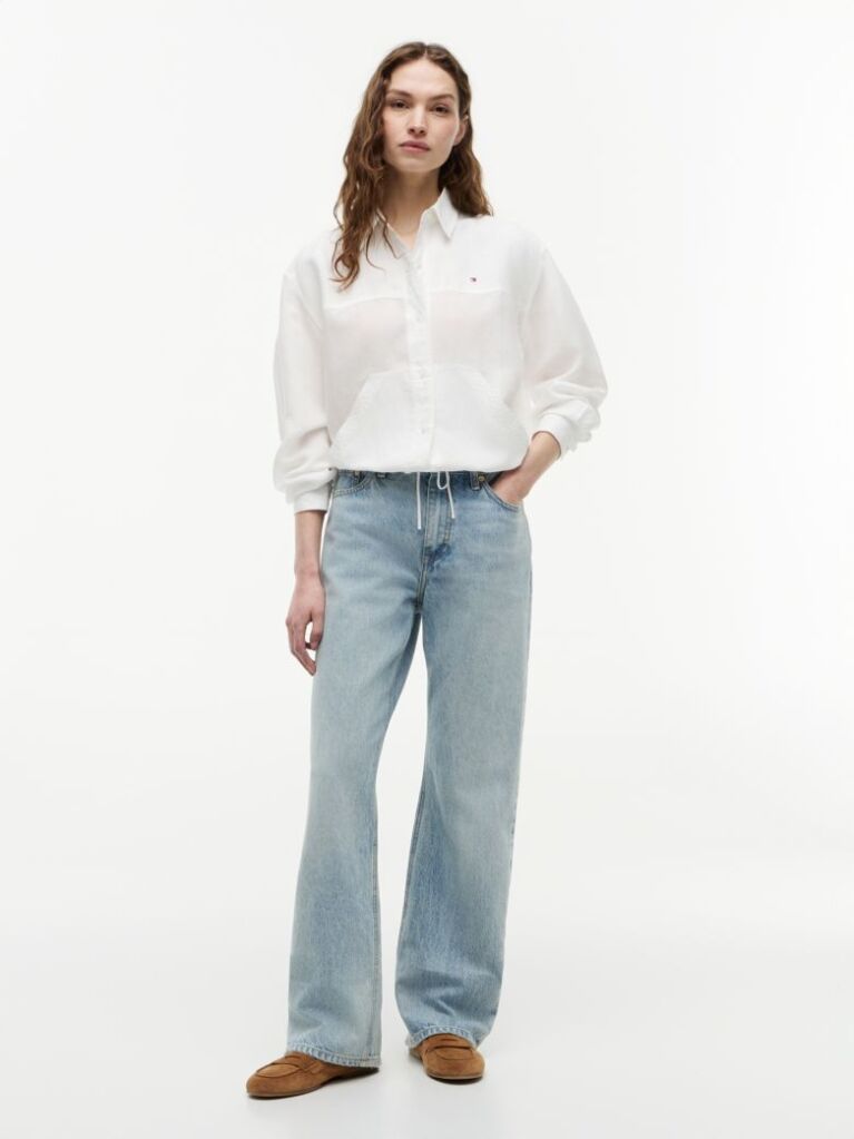 White Relaxed Fit Drawstring Shirt With Linen  Women
