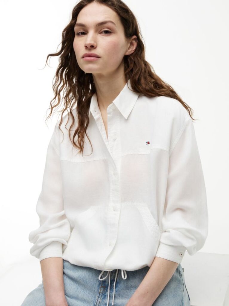 White Relaxed Fit Drawstring Shirt With Linen  Women