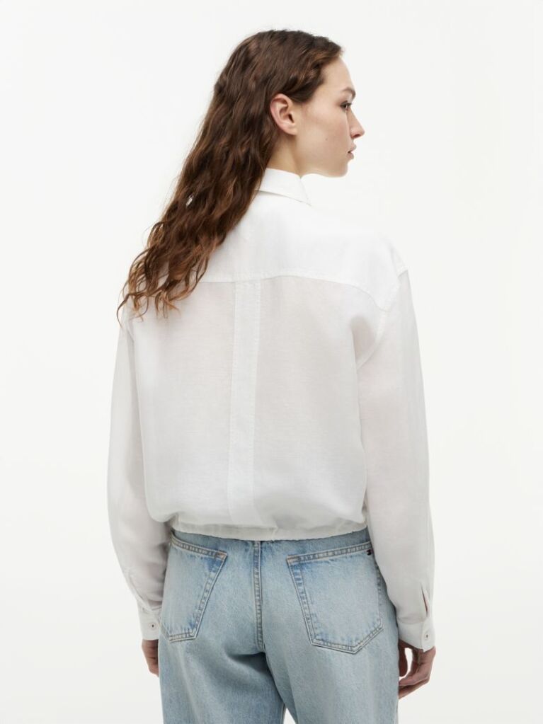 White Relaxed Fit Drawstring Shirt With Linen  Women