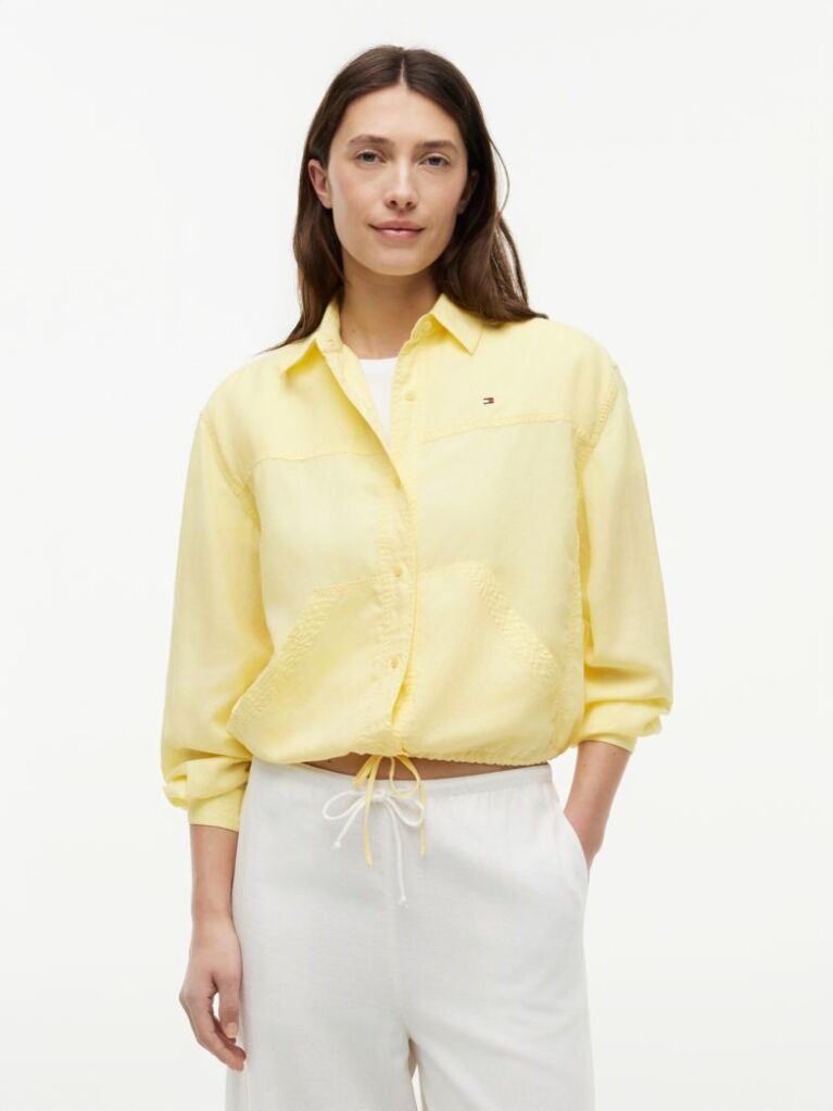 Yellow Relaxed Fit Drawstring Shirt With Linen  Women