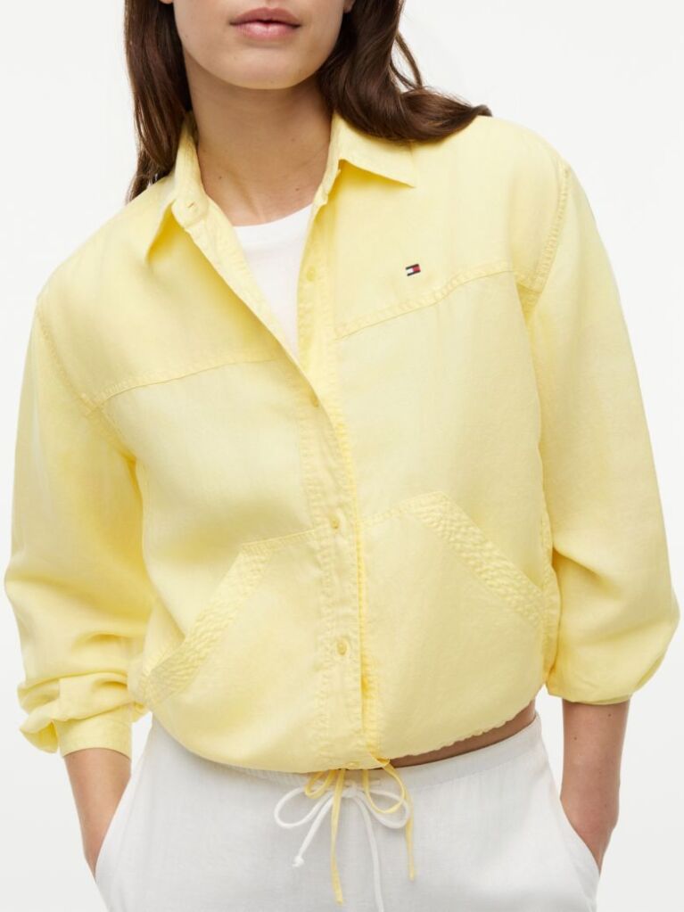 Yellow Relaxed Fit Drawstring Shirt With Linen  Women