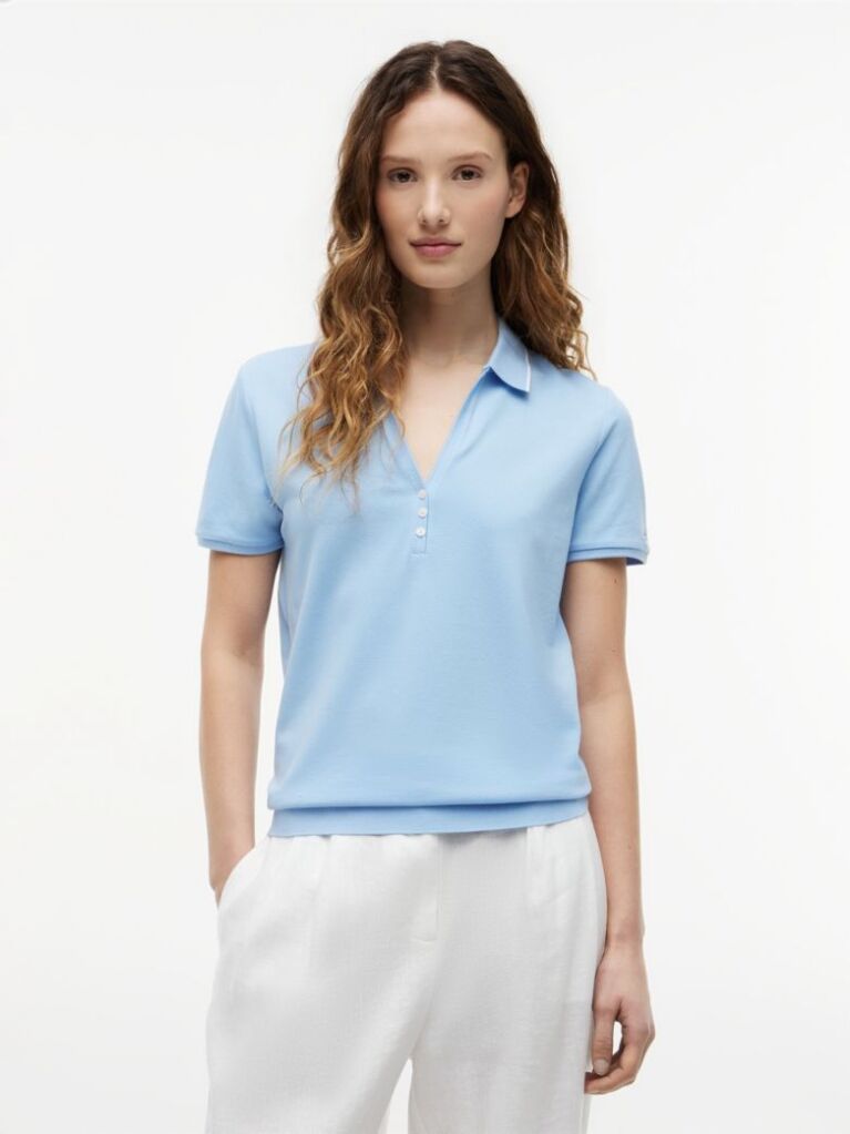 Blue Regular Fit Pique Henley Polo Shirt  Women