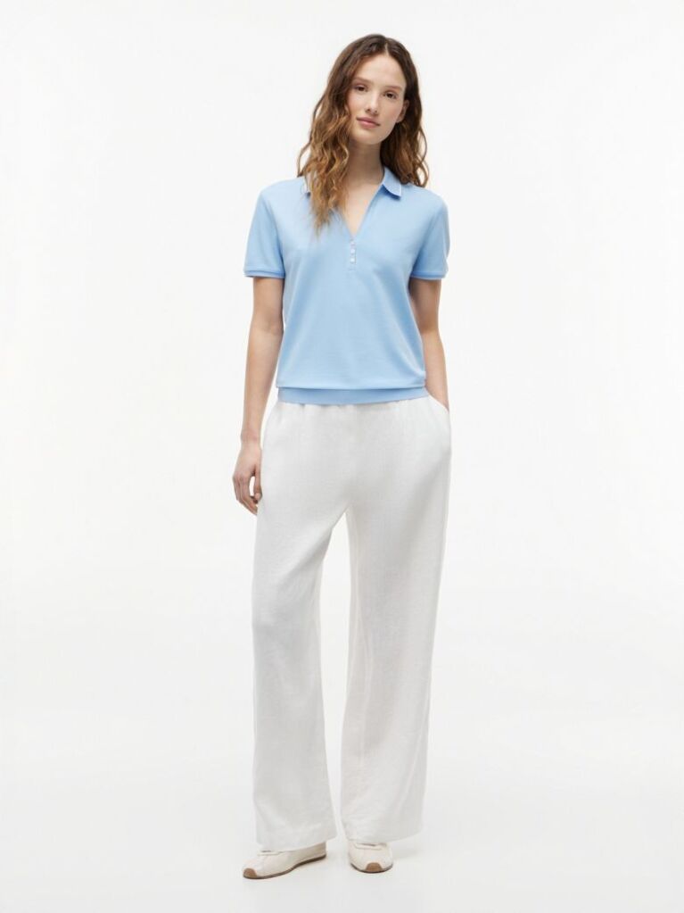 Blue Regular Fit Pique Henley Polo Shirt  Women