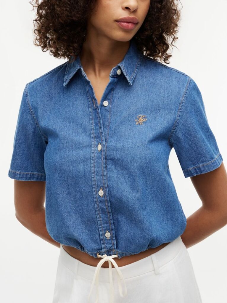 Blue Boxy Fit Short Sleeve Denim Shirt  Women
