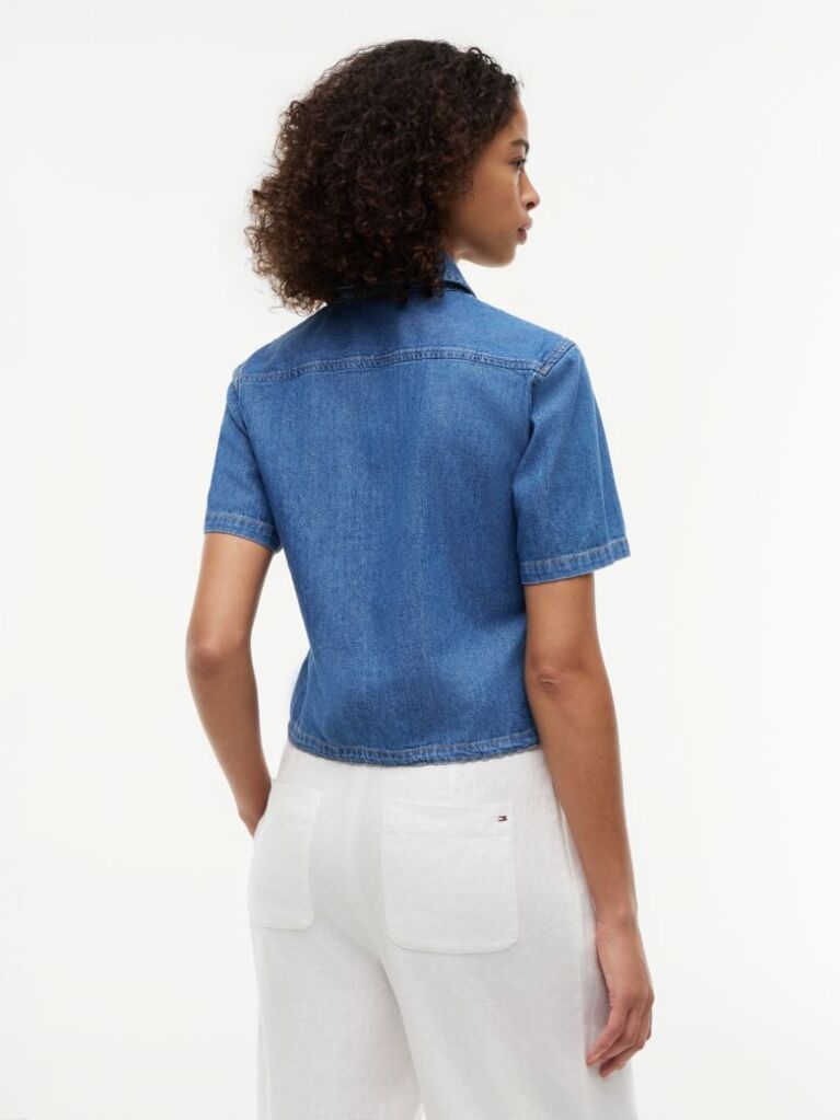 Blue Boxy Fit Short Sleeve Denim Shirt  Women