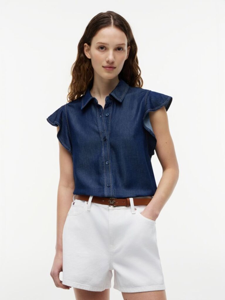 Blue Regular Ruffle Cap Sleeve Denim Shirt  Women
