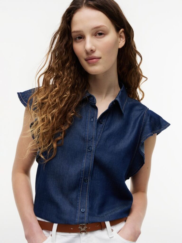 Blue Regular Ruffle Cap Sleeve Denim Shirt  Women