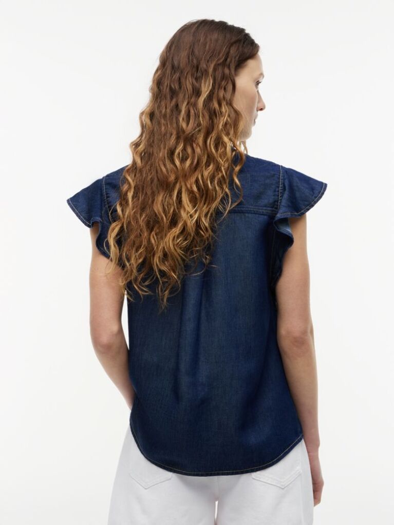 Blue Regular Ruffle Cap Sleeve Denim Shirt  Women