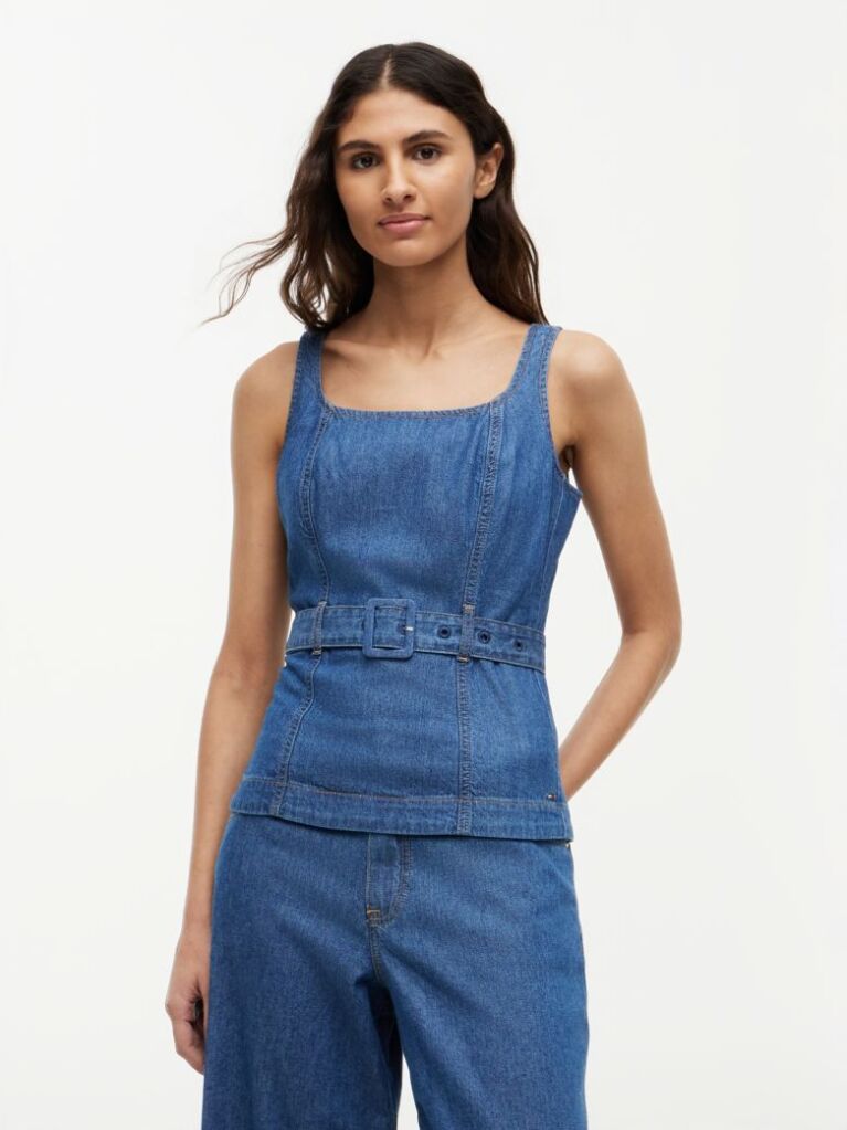 Blue Denim Sleeveless Belted Top  Women
