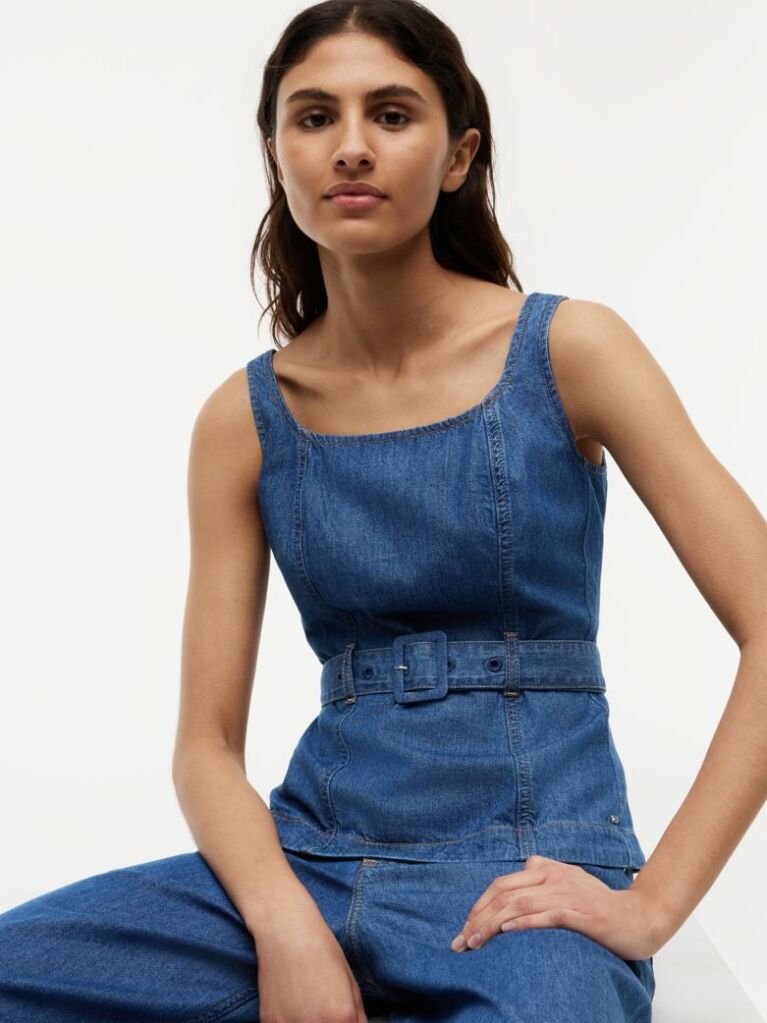 Blue Denim Sleeveless Belted Top  Women