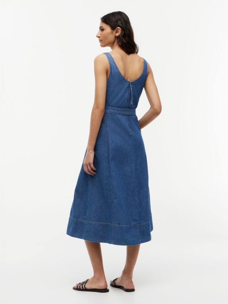 Blue Belted Denim Fit And Flare Midi Dress  Women