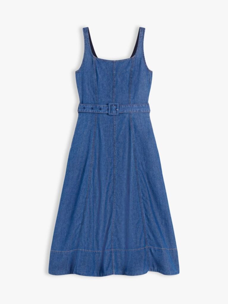 Blue Belted Denim Fit And Flare Midi Dress  Women