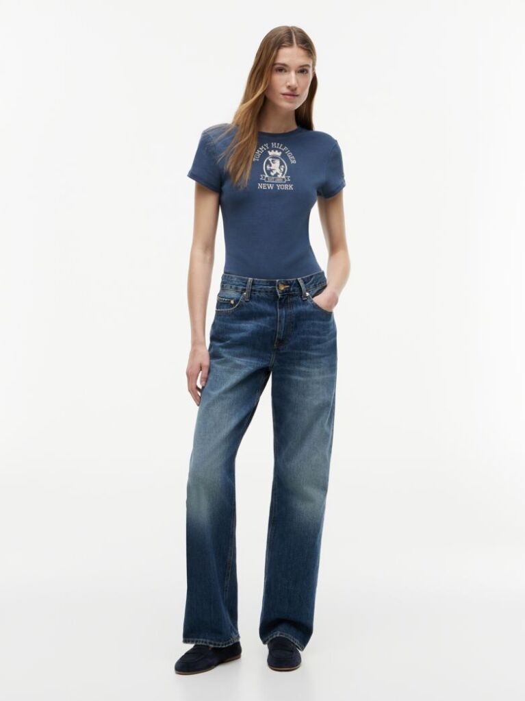 Μπλε T-Shirt Σε Στενή Γραμμή Με Εφέ Washed  Γυναίκες