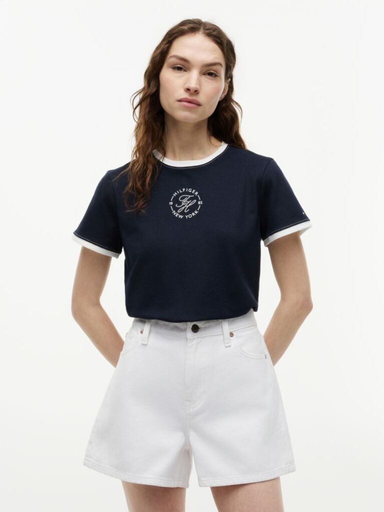 Blue Logo Embroidery Ringer T-Shirt  Women