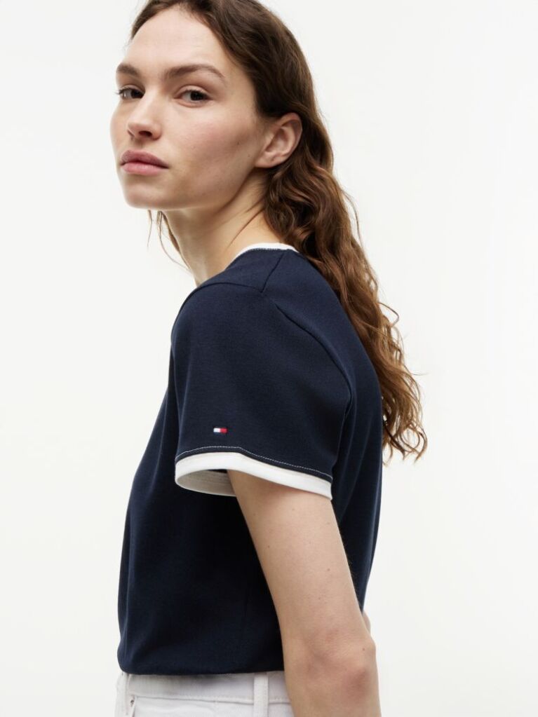 Blue Logo Embroidery Ringer T-Shirt  Women