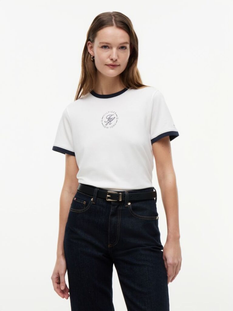 White Logo Embroidery Ringer T-Shirt  Women