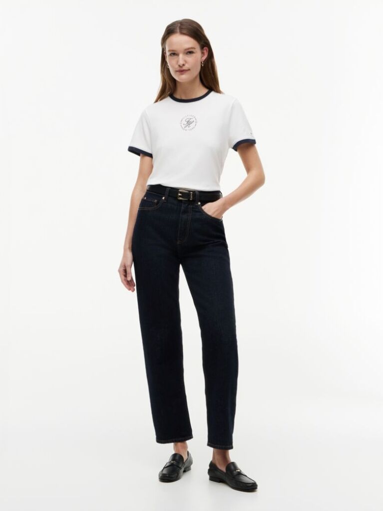 White Logo Embroidery Ringer T-Shirt  Women