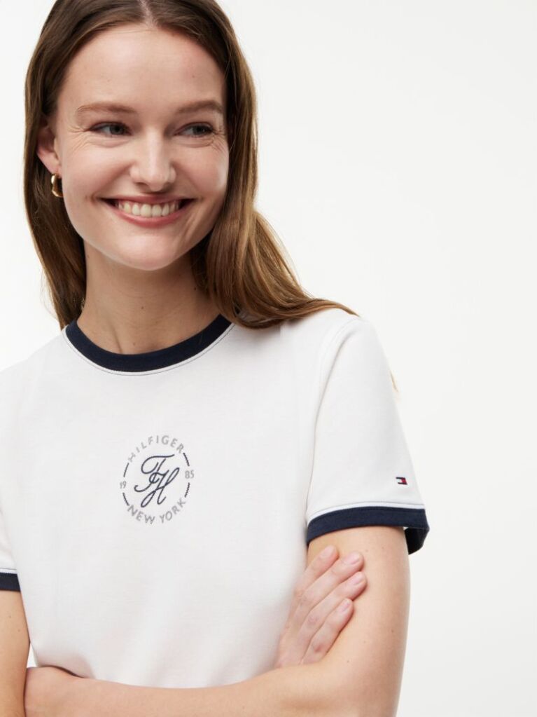 White Logo Embroidery Ringer T-Shirt  Women