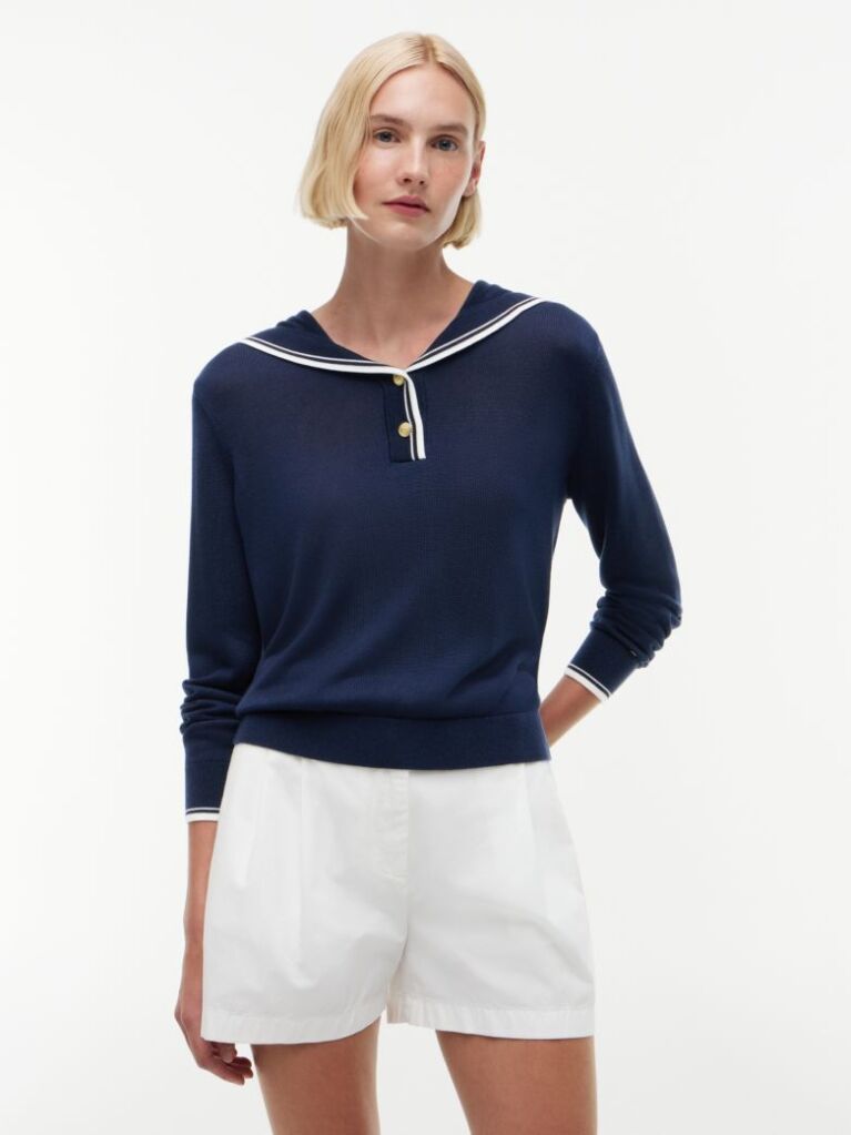 Blue Relaxed Sailor Collar Jumper With Silk  Women