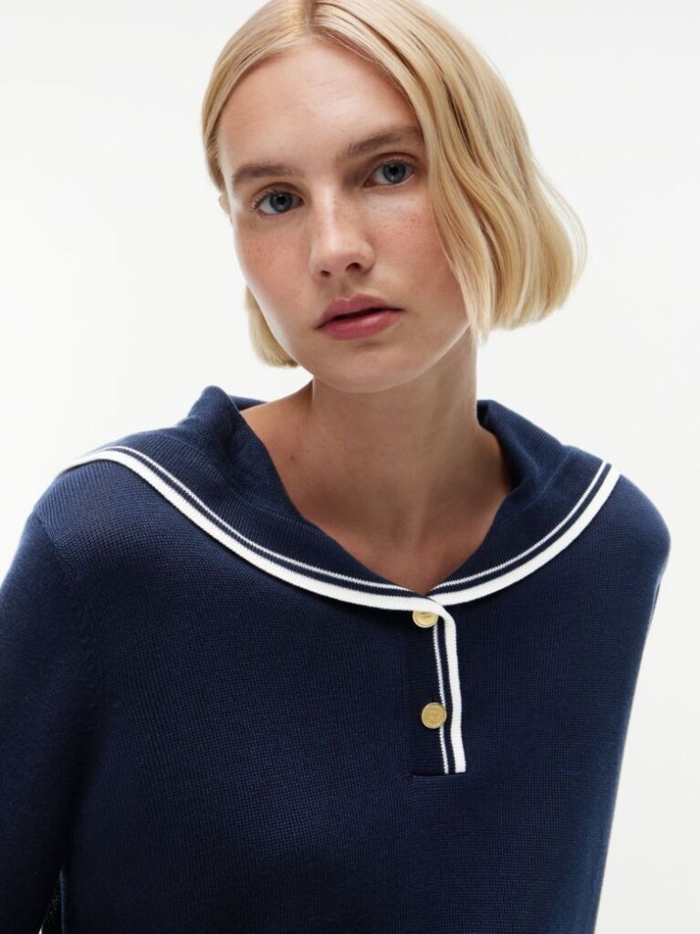 Blue Relaxed Sailor Collar Jumper With Silk  Women