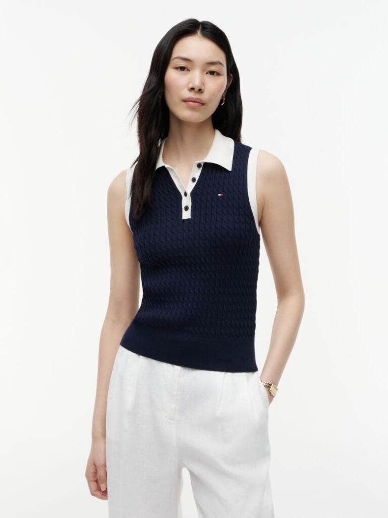 Blue Cable Knit Slim Sleeveless Polo Jumper  Women