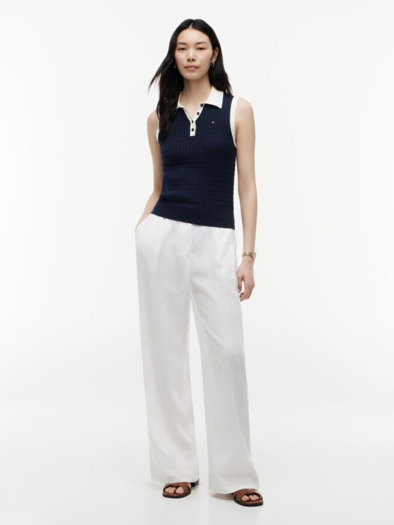 Blue Cable Knit Slim Sleeveless Polo Jumper  Women