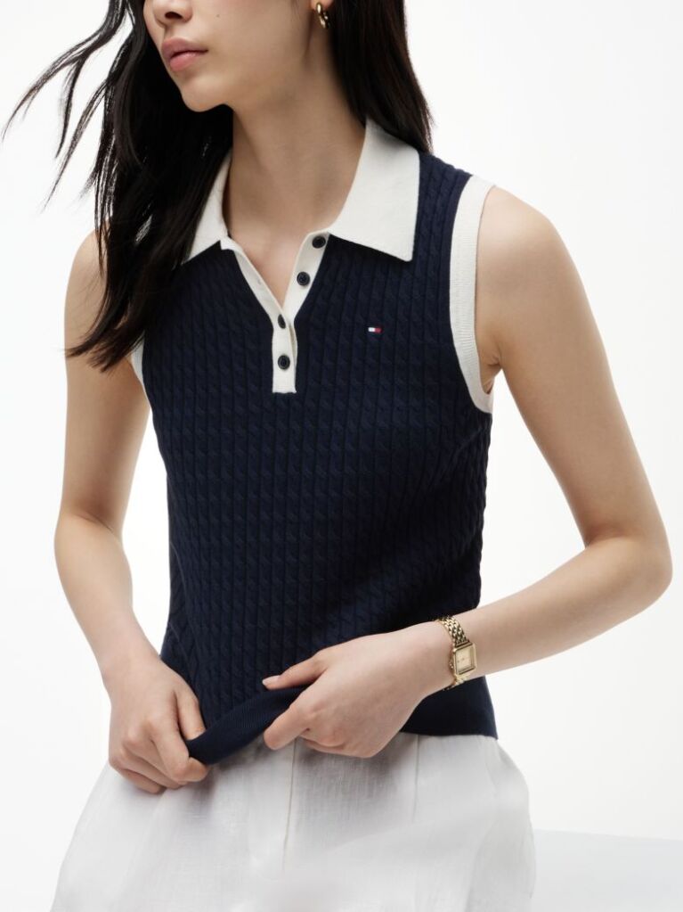 Blue Cable Knit Slim Sleeveless Polo Jumper  Women