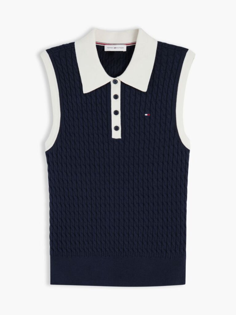 Blue Cable Knit Slim Sleeveless Polo Jumper  Women