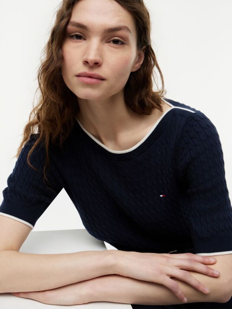 Blue Cable Knit Boat Neck Short Sleeve Jumper  Women