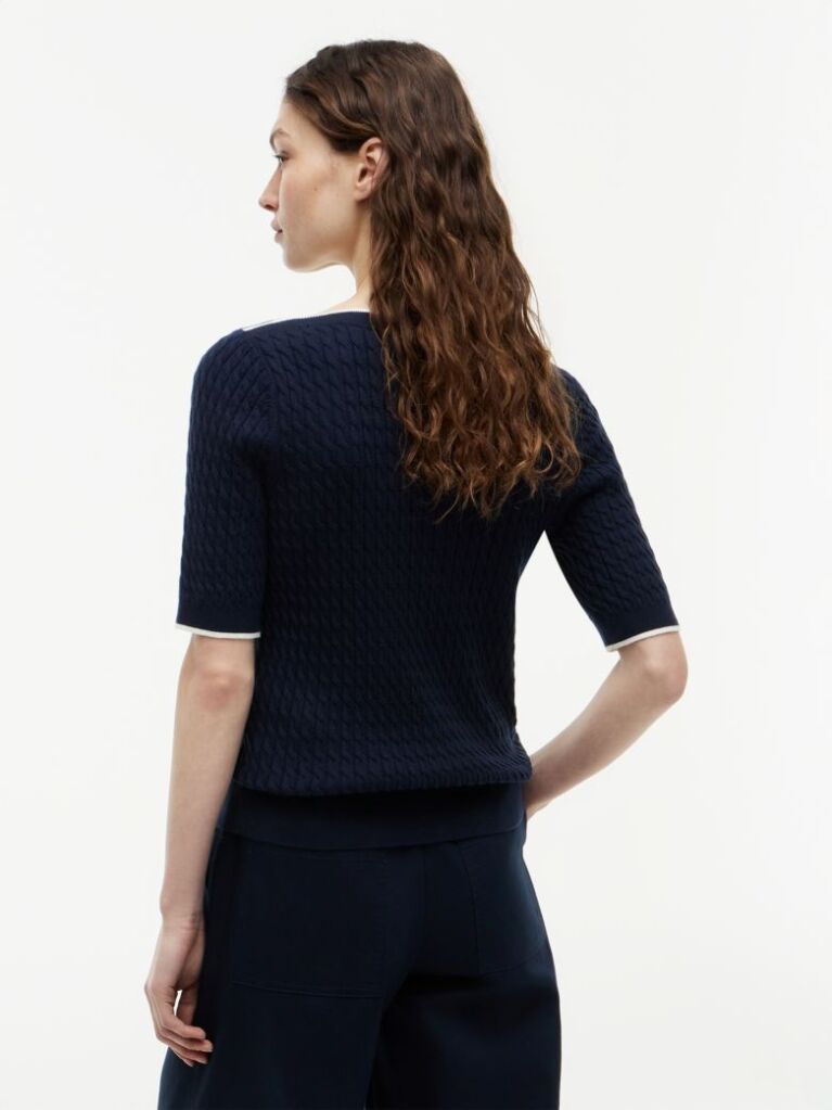 Blue Cable Knit Boat Neck Short Sleeve Jumper  Women