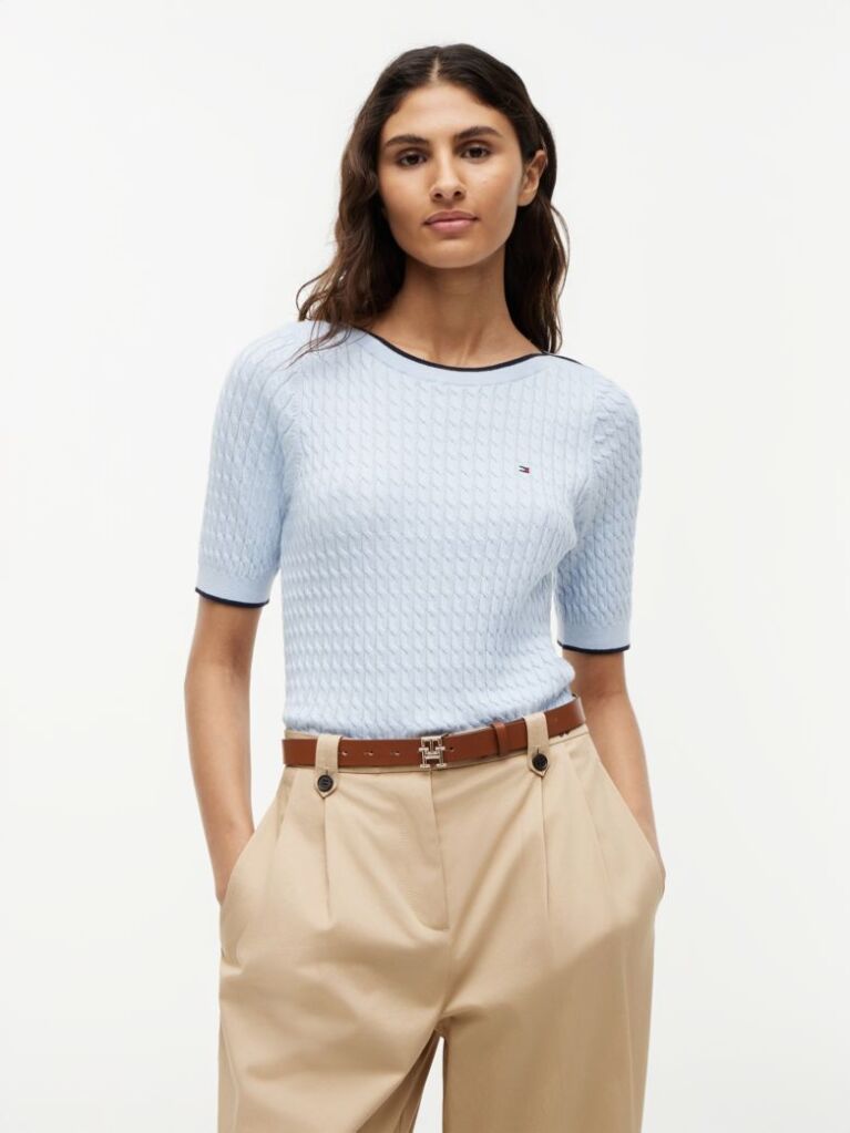 Blue Cable Knit Boat Neck Short Sleeve Jumper  Women
