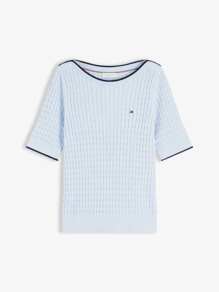 Blue Cable Knit Boat Neck Short Sleeve Jumper  Women