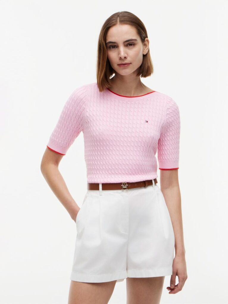 Pink Cable Knit Boat Neck Short Sleeve Jumper  Women