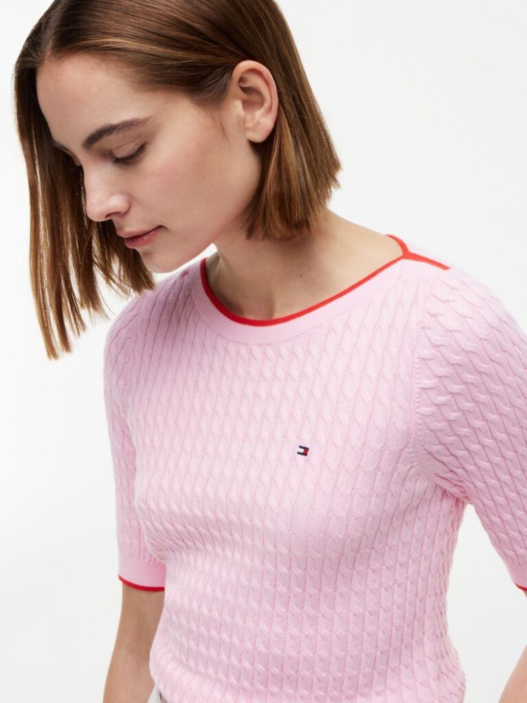 Pink Cable Knit Boat Neck Short Sleeve Jumper  Women
