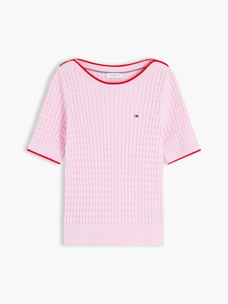 Pink Cable Knit Boat Neck Short Sleeve Jumper  Women