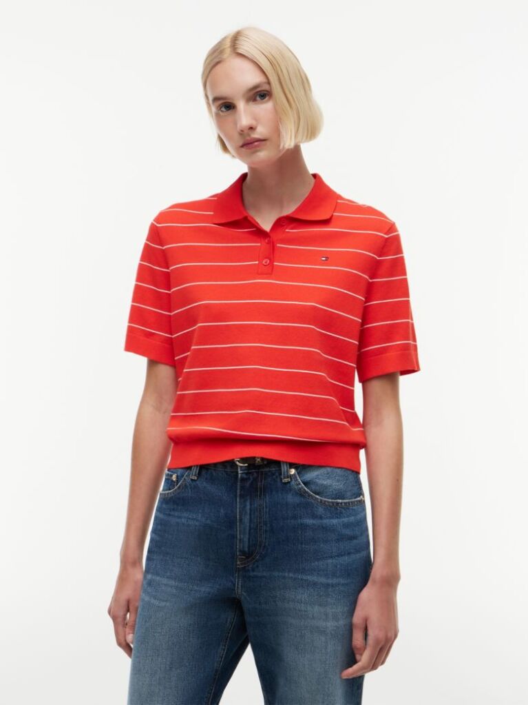 Red Boxy Fit Jersey Polo Shirt  Women