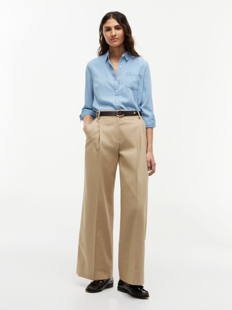Beige Logo Embroidery Wide Leg Chinos  Women