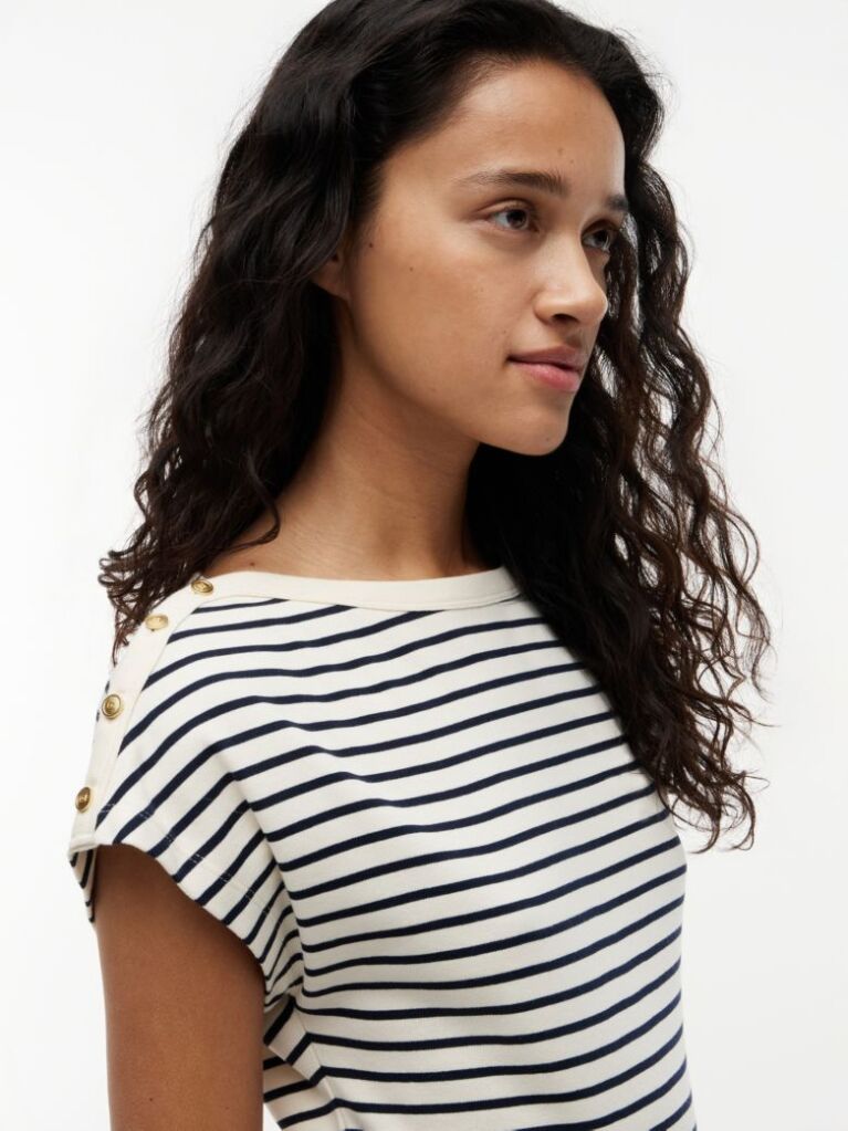 Multi Gold-Tone Button Boat Neck T-Shirt  Women