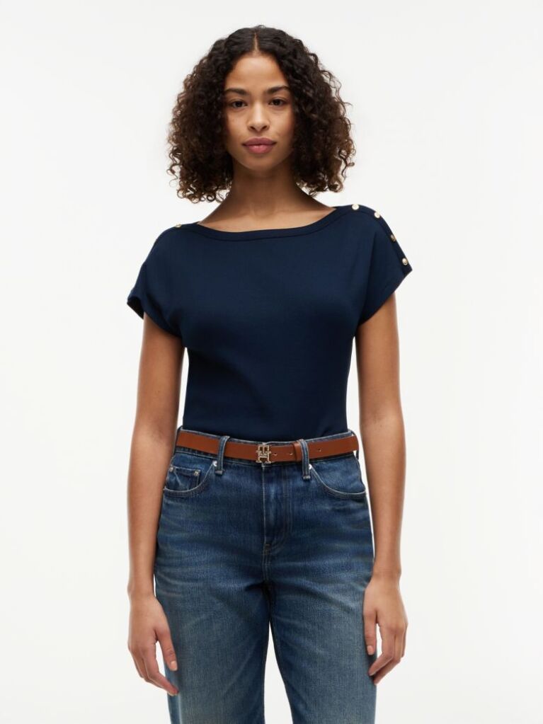 Blue Gold-Tone Button Boat Neck T-Shirt  Women