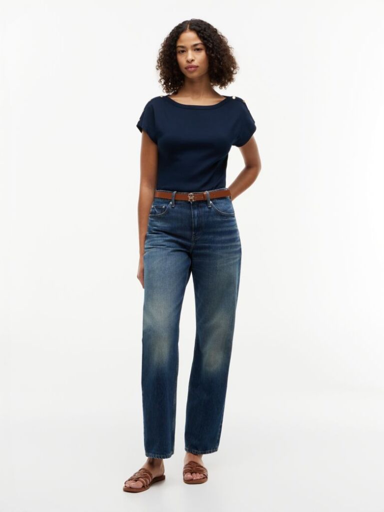 Blue Gold-Tone Button Boat Neck T-Shirt  Women