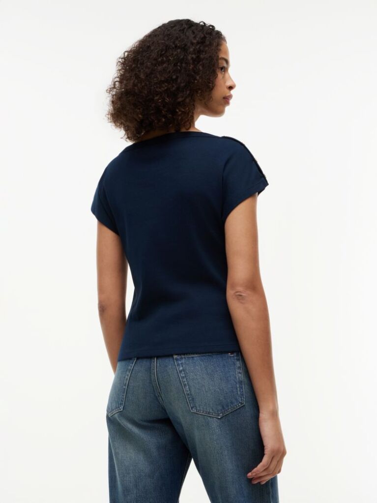 Blue Gold-Tone Button Boat Neck T-Shirt  Women
