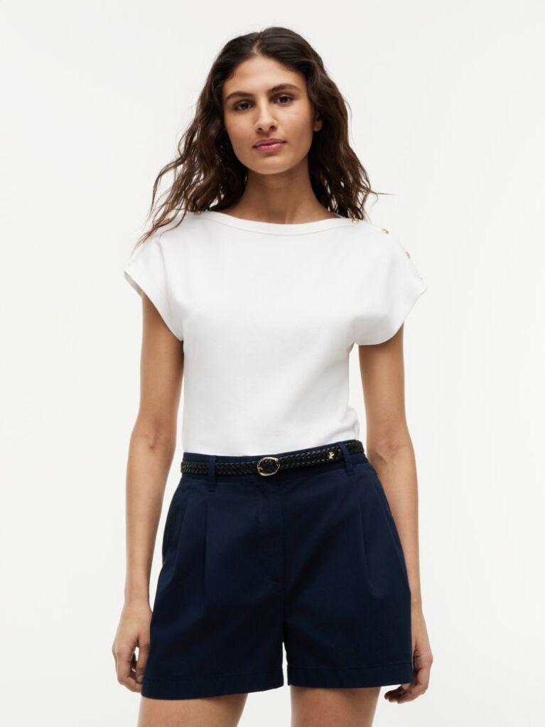 White Gold-Tone Button Boat Neck T-Shirt  Women