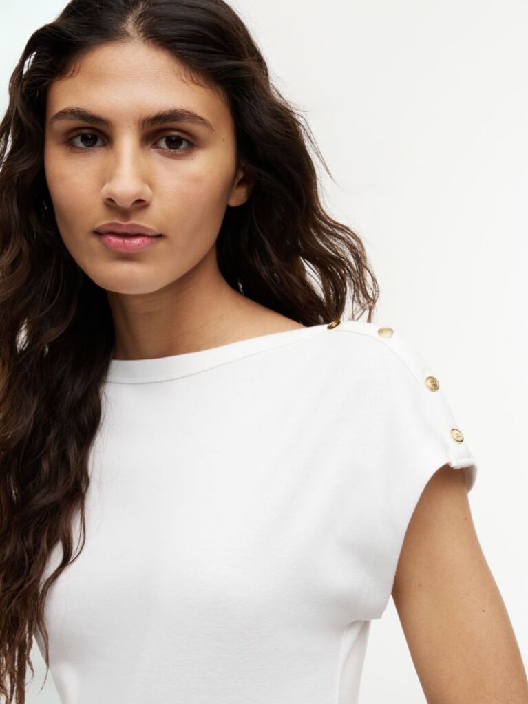 White Gold-Tone Button Boat Neck T-Shirt  Women